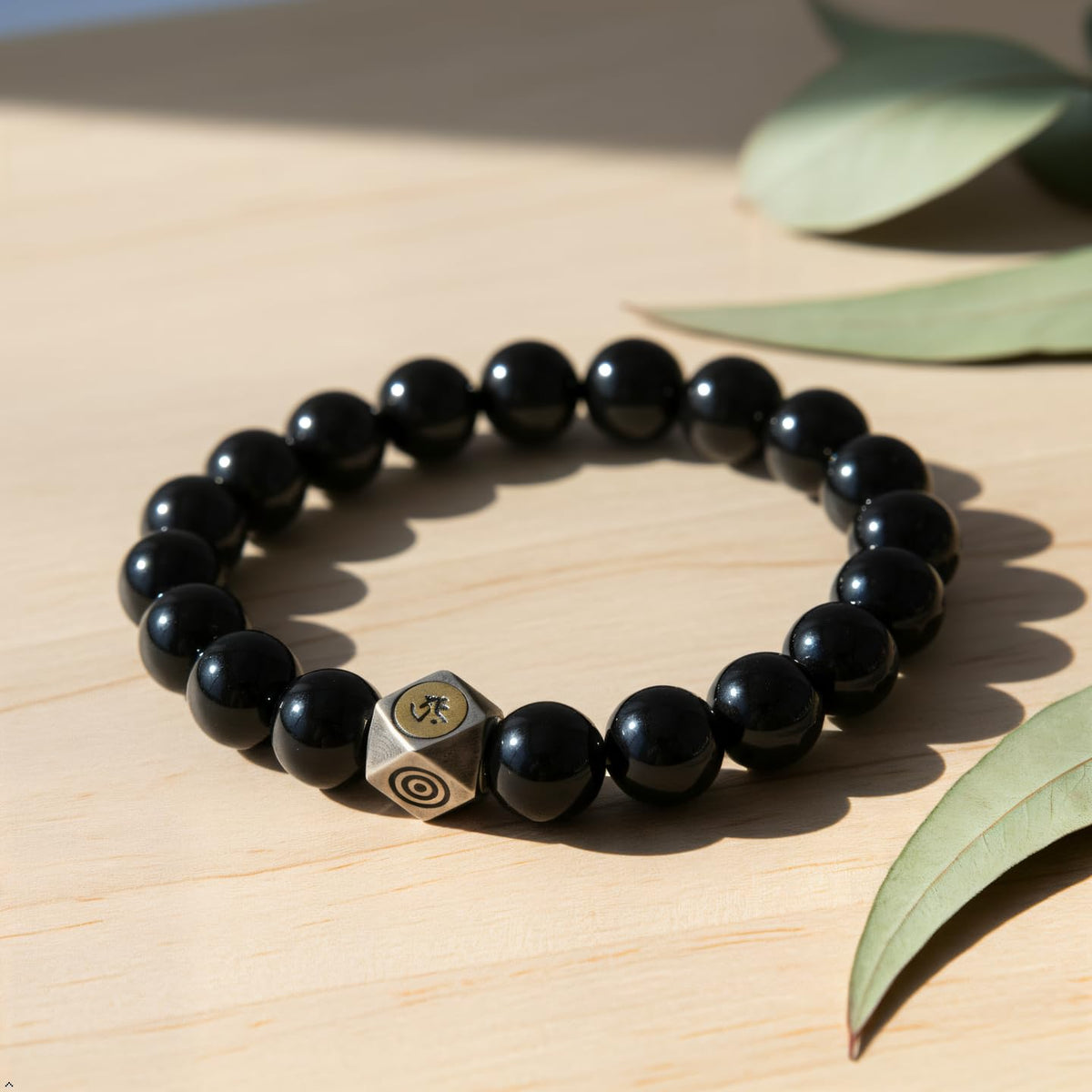 FAIRY CONCEPT Natural Black Obsidian Beaded Bracelet with Metal Charm, Polished Stone Beads, Elastic Stretch Design, Unisex Protection Jewelry
