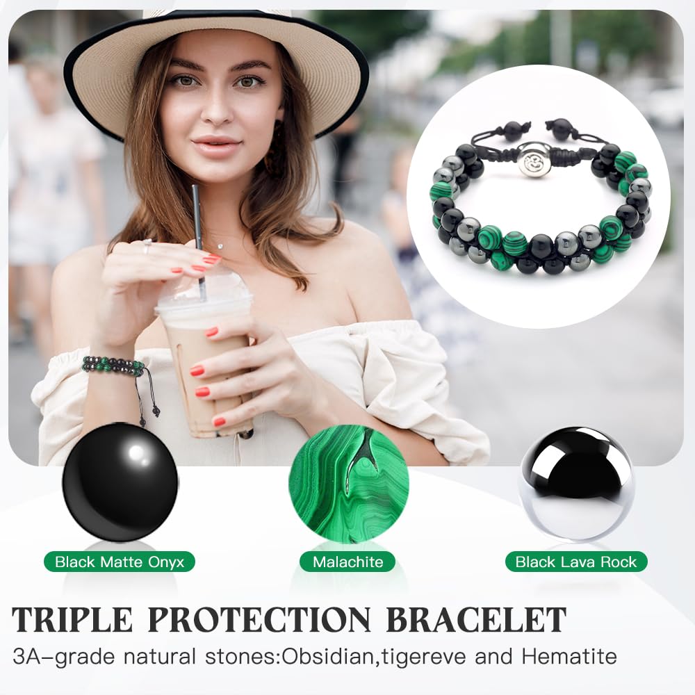 Triple Protection Bracelet - for Protect & Balance - Energy Crystal Bracelets for Men Women - Bring Good Luck & Prosperity - Malachite Hematite & Black Obsidian Jewelry Natural Stone Healing Bracelet