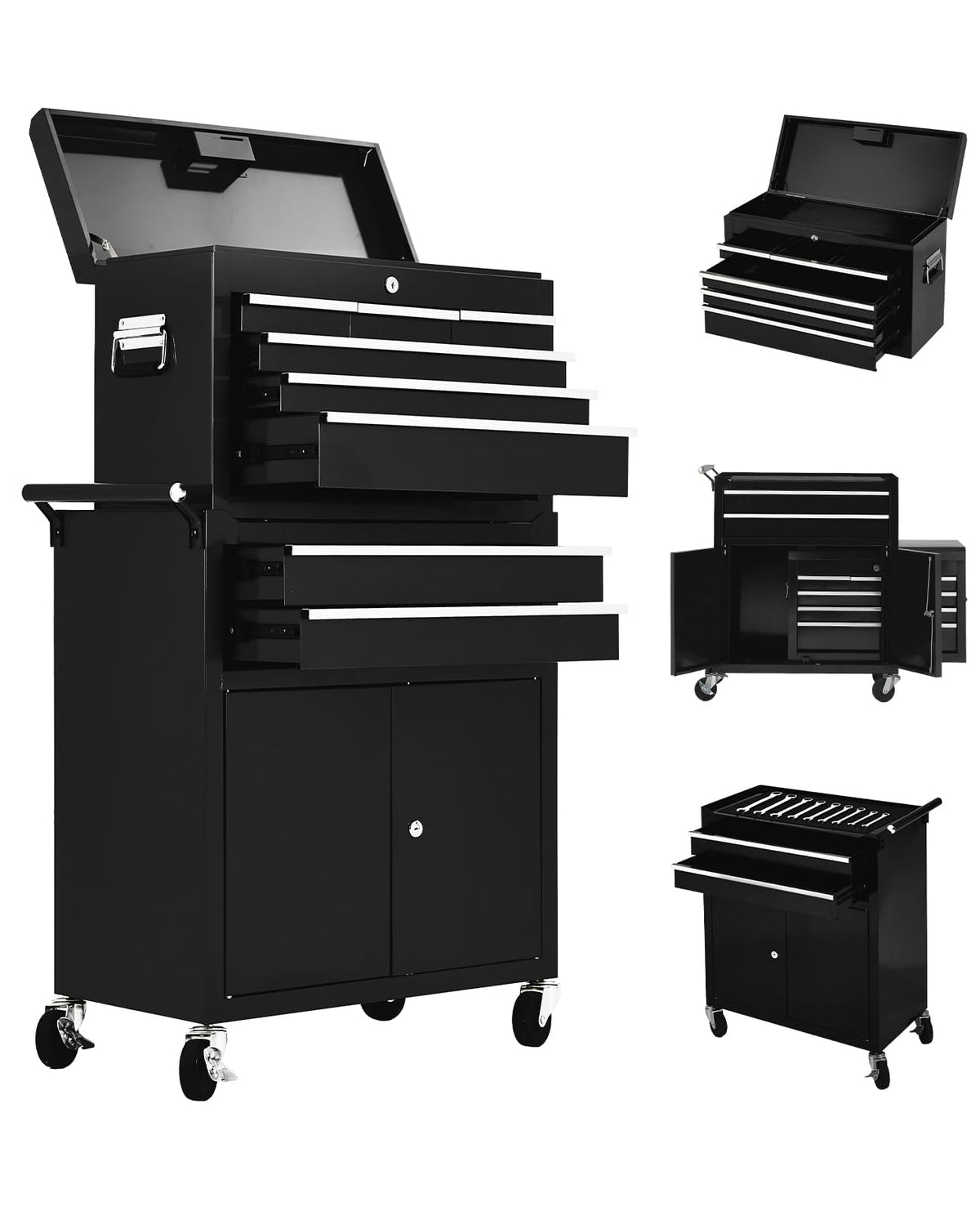 Tool Box with Wheels,24in 8-Drawer Rolling Tool Chest and Organizer for Garage & Workshop, Includes Detachable Top, Lockable Wheels and Sliding Drawers, Essential Tool Chest Cabinet Organizer