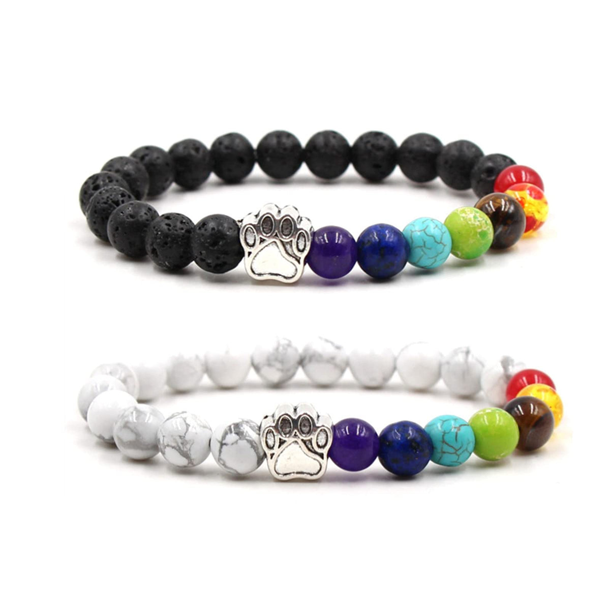Caiyao 2Pcs 7 Chakra Lava Rock Dog Paw Beaded Bracelet Set for Women Men Natural Stone Tiger Eye Essential Oil Diffuser Stretchy Bracelet Yoga Meditation Jewelry Gift-A black white