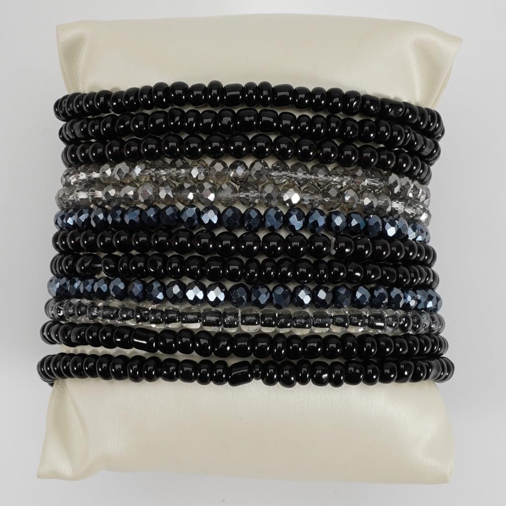 12Pcs Bohemia Multilayer Resin Seed Beaded Stackable Bracelets Colorful Crystal Glass Beads Stretch Bracelet BFF Friendship Elastic Wristbands for Women Men Summer Beach Boho Vacation Jewelry-Black