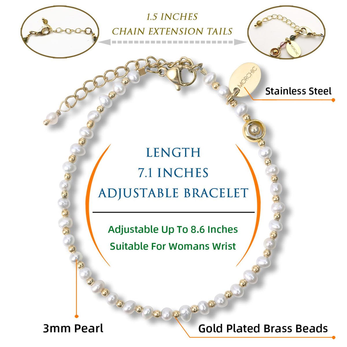 Morchic 3mm Fresh Water Pearl Natural Gemstone Beaded Bracelet for Women, Dainty Tiny Charm Jewelry, Adjustable 7.1-8.6", Ideal Birthday Holiday Gift