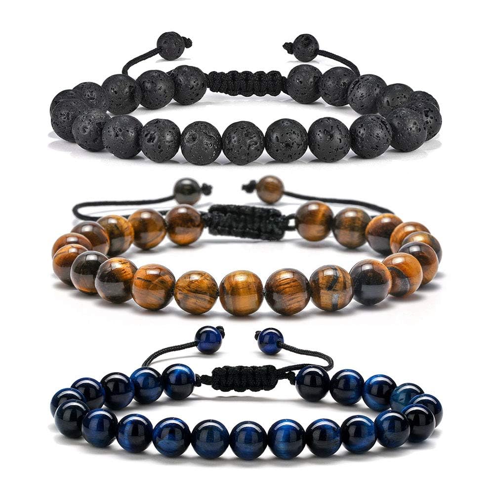 M MOOHAM Gifts for Male Coworkers Mens - Natural Black Lava Rock Stone Mens Anxiety Tiger Eye Bracelets Adjustable Aromatherapy Essential Oil Diffuser Healing Bracelet