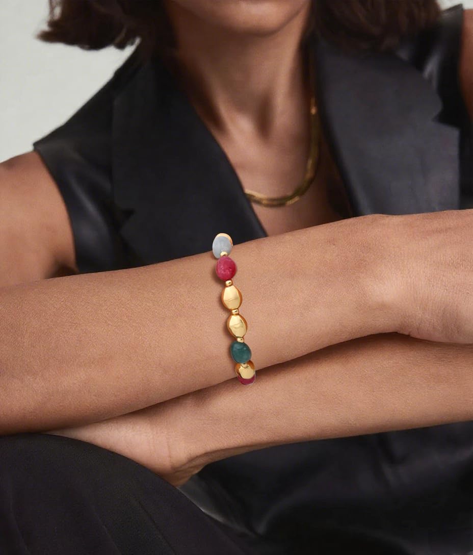 NVWAROCK Beaded Bracelet for Women, Colorful Gemstone Bracelet, 14K Gold Plated Stackable Handmade Oval Stone Bracelet Multicolor Jewelry Gift - Colourful