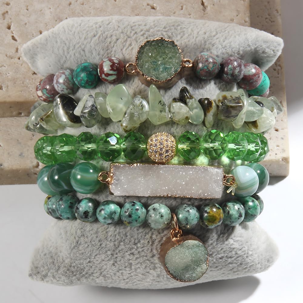 Yomisa 5PCS Natural Boho Beaded Bracelets for Women Men,Healing Turquoise Jasper Agate Crystal Gemstone Stone Diamond Chakra Multilayer Wrap Bohemian Handmade Jewelry Beads Stretch Bracelet Set