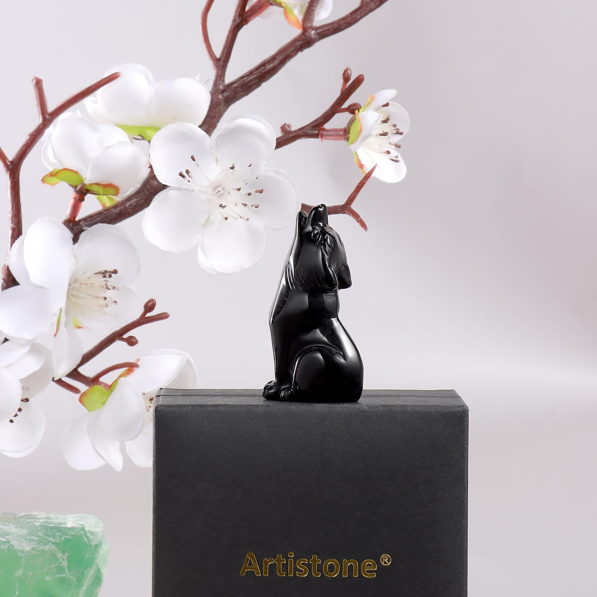 Artistone Black Obsidian Wolf Statue 2" Howling Wolves Figurine Ornament for Home Decor Healing Crystal Animal Sculpture with Gift Box