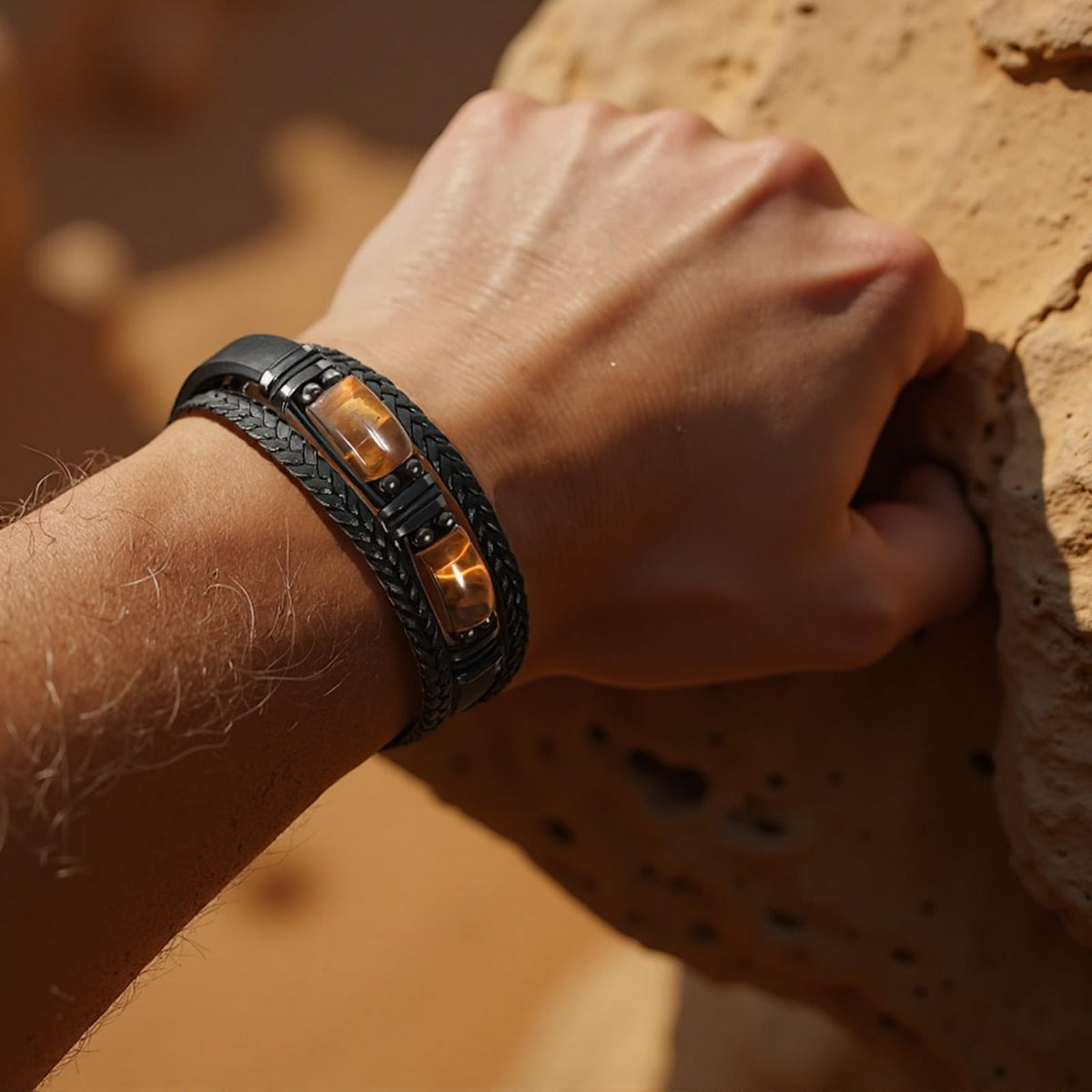 Enjoy Risingsun Tiger Eye Black Leather Bracelet Men Natural Tiger Eye Obsidian Gemstone Crystal Stone Jewelry Handmade Courage And Stress Relief Protection Bracelet