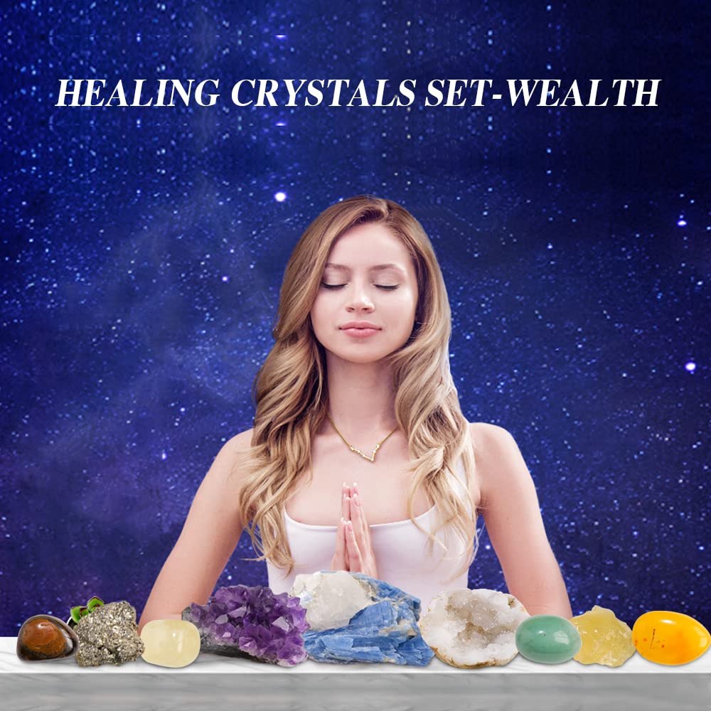 Runyangshi 9PCS Healing Crystals Set with Wooden Box -Amethyst Cluster/Clear Quartz Geode/Pyrite/Citrine/Aventurine/Yellow Agate/Tiger Eye Tumbled Stone for Prosperity & Wealth Meditation Energy Gift