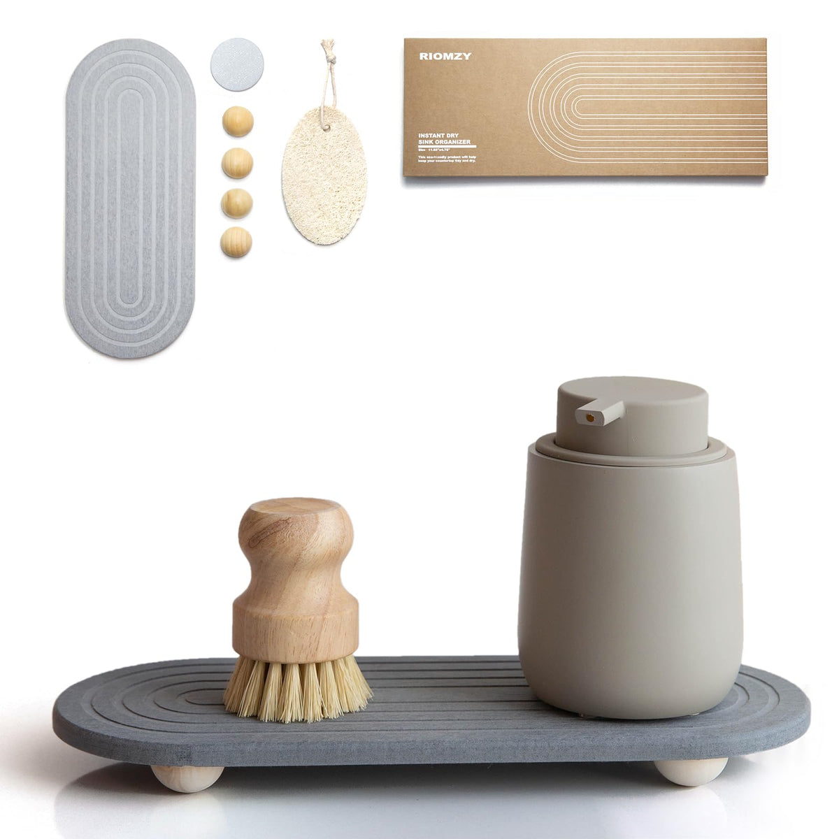 RIOMZY Instant Dry Sink Caddy Organizer – Water Absorbing Stone Tray for Kitchen Bathroom Countertop, Fast Drying Sink Caddy (with Wooden Feet and Natural Loofah, Gray)