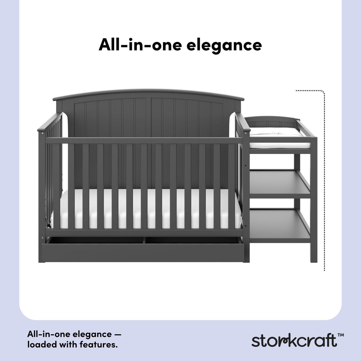 Storkcraft Steveston 5-in-1 Convertible Crib & Changer – GREENGUARD Gold Certified, Fits Standard Crib Mattress, Converts to Toddler Bed and Full Bed, 4 Adjustable Mattress Heights (Gray)