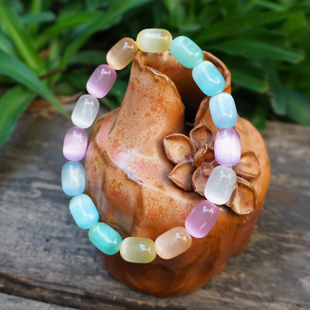 TaHLga Natural Rainbow Selenite Crystal Bracelet for Women Men | Large Plated 8x12mm Cylinder Beads | Authentic Stone with Leather Pouch, Gift Box & Repair Kit | Fits 7.5 inch Wrist