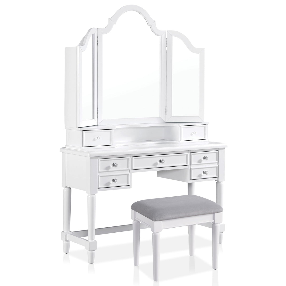 24/7 Shop at Home Nyx Traditional 3-Piece Wood 5 Drawers Makeup Vanity Table, Tri-Fold Mirror and Stool Set with Jewelry Storage, 7 Shelves, Padded Seat for Bedroom, Dressing Room, White and Gray