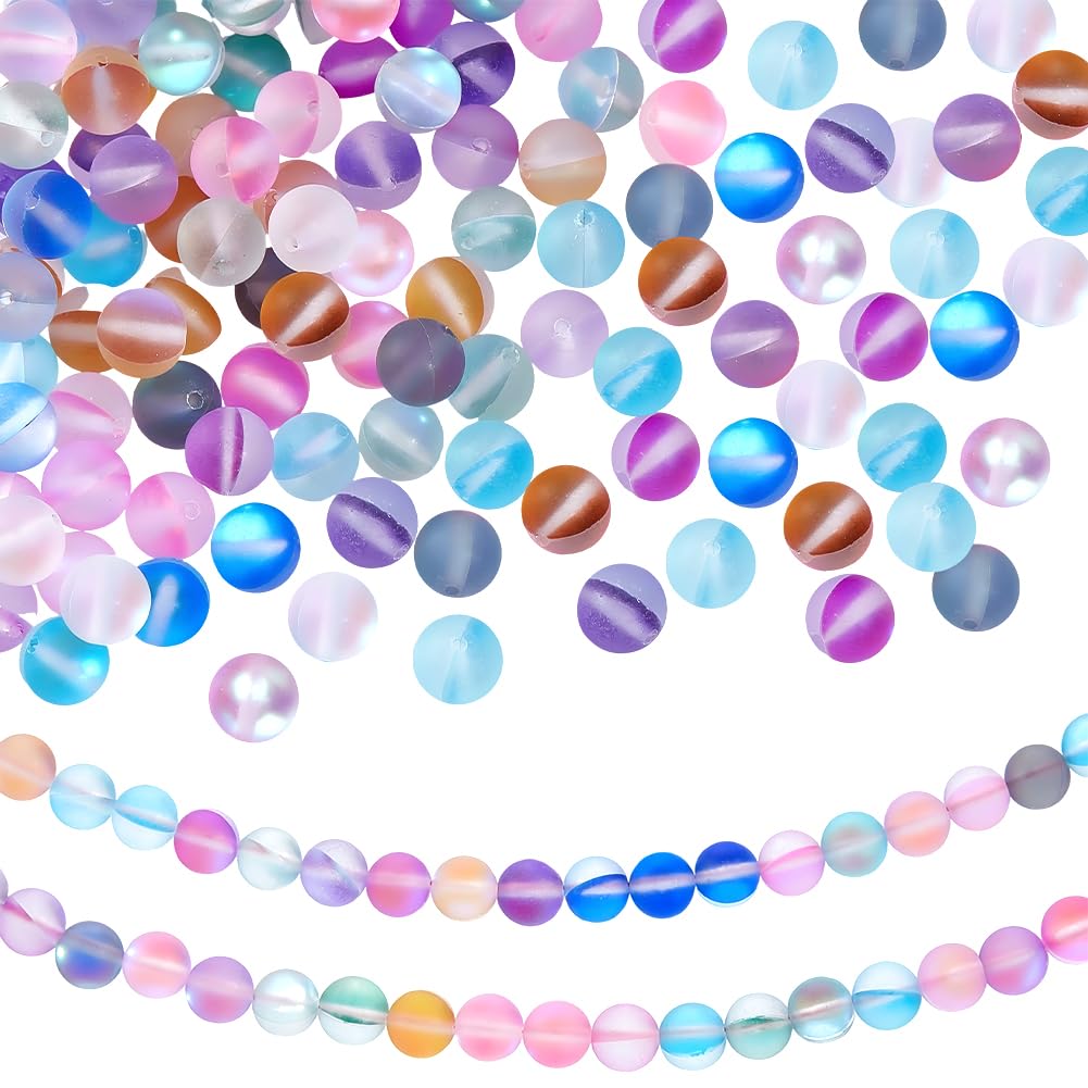 PONABEADIY 1 Box 135PCS 8MM Rainbow Round Moonstone Beads with Holes Blue Pink Green Orange Matte Assorted Gemstone Stone Spacer Loose Bead Bulk for Jewelry Making Necklace Bracelet DIY Craft Supply