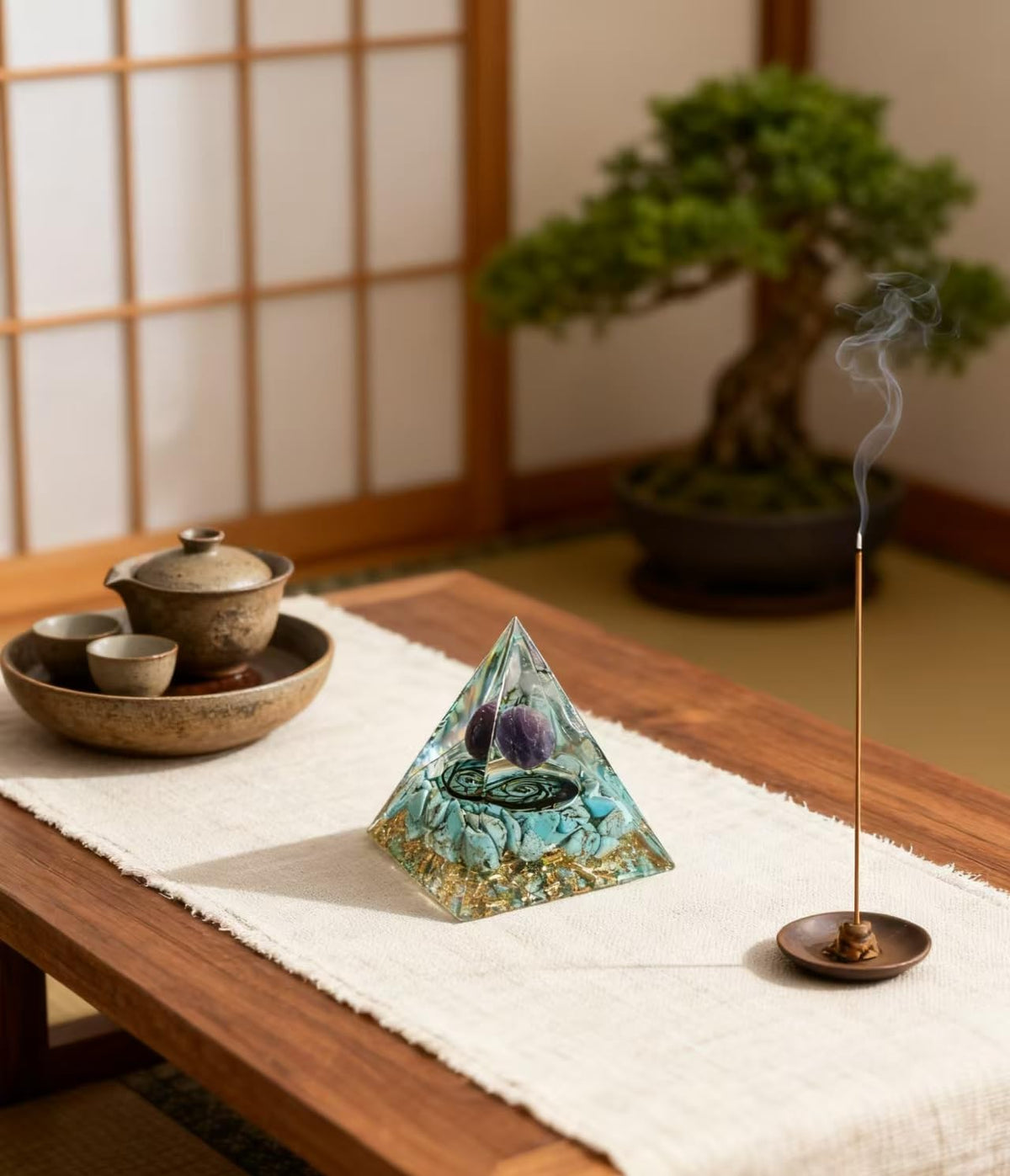 ycyingcheng Moonstone Crystal Orgone Pyramid Ogan Crystal Energy Tower, Nature Reiki Chakra Crushed Stone Jewelry, Crystal Pyramid for Home Decor (Turquoise+Amethyst Ball)