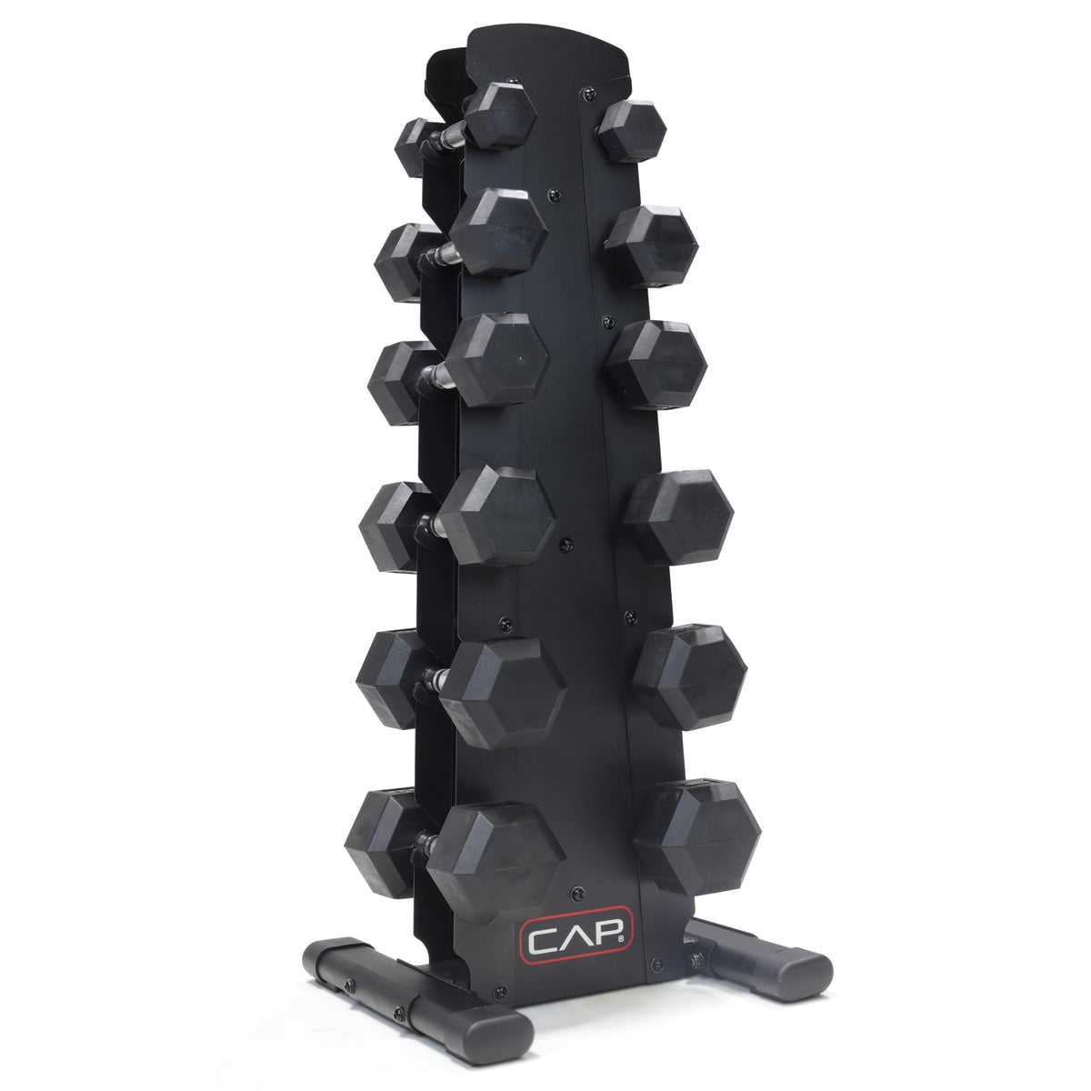 CAP 210 lb Rubber Coated Hex Dumbbell Set with Vertical Rack, Space-Saving Storage for Home Gym Strength Training, Chrome Handle, Black Rack