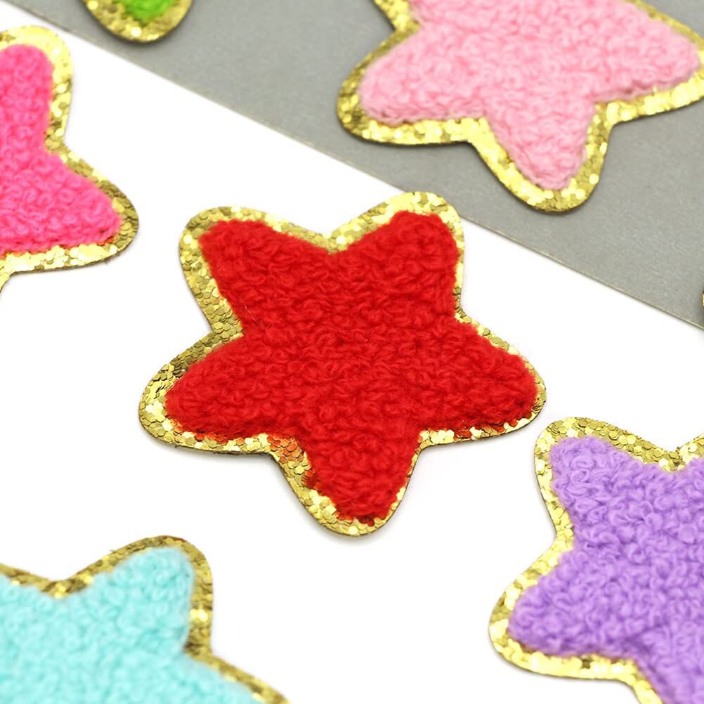 24 Pieces Star Chenille Patches,Cute Iron on Patches for Clothes,Iron on Stars Fabric Embroidered Patches for Women Backpack Hat Jacket Jean Decorative Applique(Star,White)