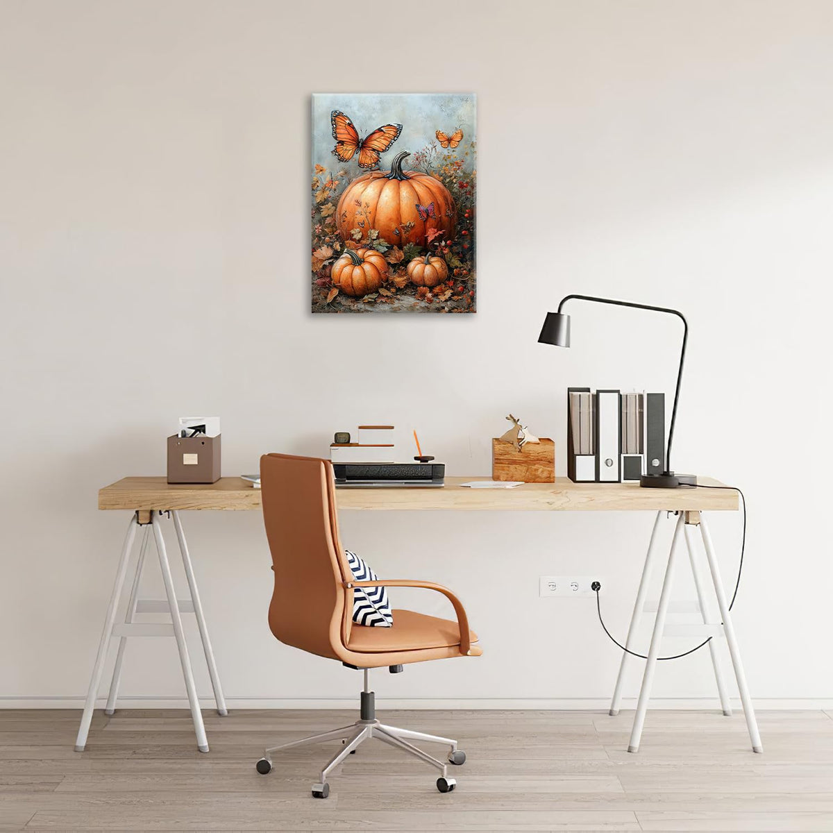 Fall Pumpkin Pictures Wall Art, Rustic Thanksgiving Bathroom Wall Decor, Farmhouse Autumn Butterfly Framed Painting Canvas Artwork for Harvest Gift Bedroom Living Room Decorations 16" L x 12" W