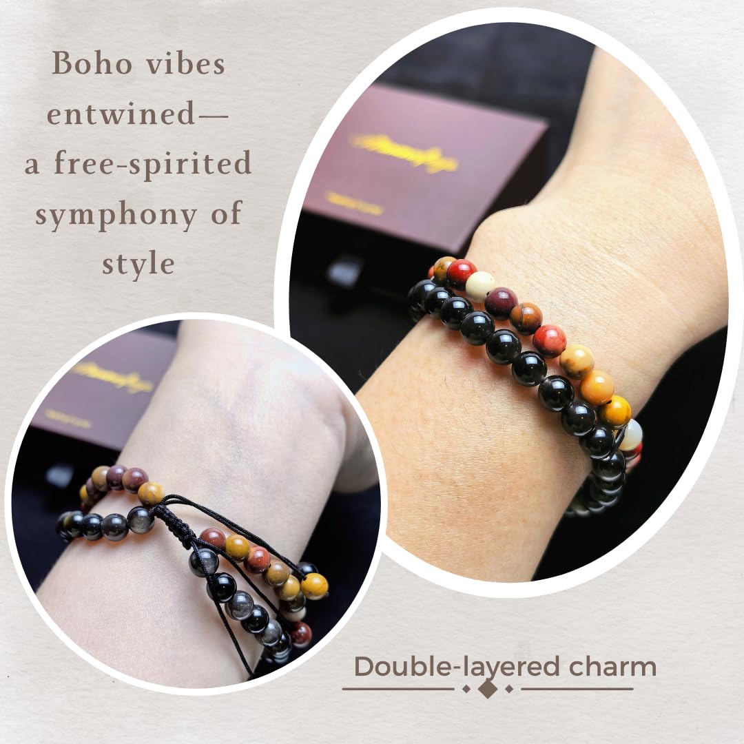 Atminafays 6MM Stackable Healing Bracelet - Mookaite Jasper & Silver Sheen Obsidian Beads for Peace, Prosperity & Positive Energy | Adjustable Handwoven Cord | Boho Chic Spiritual Jewelry,Thanksgiving gift