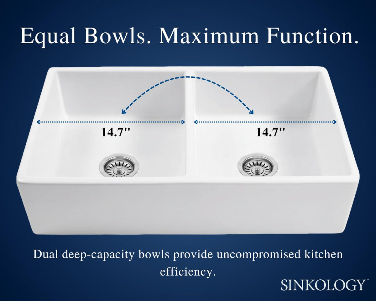 Sinkology Turner 33 Inch Fireclay Farmhouse Apron Front Double Bowl Kitchen Sink - White, Handcrafted with SureFire Chip-Resistant Glaze, Sinkology Everyday Warranty, 33 x 18 in, Fits 36" Cabinet