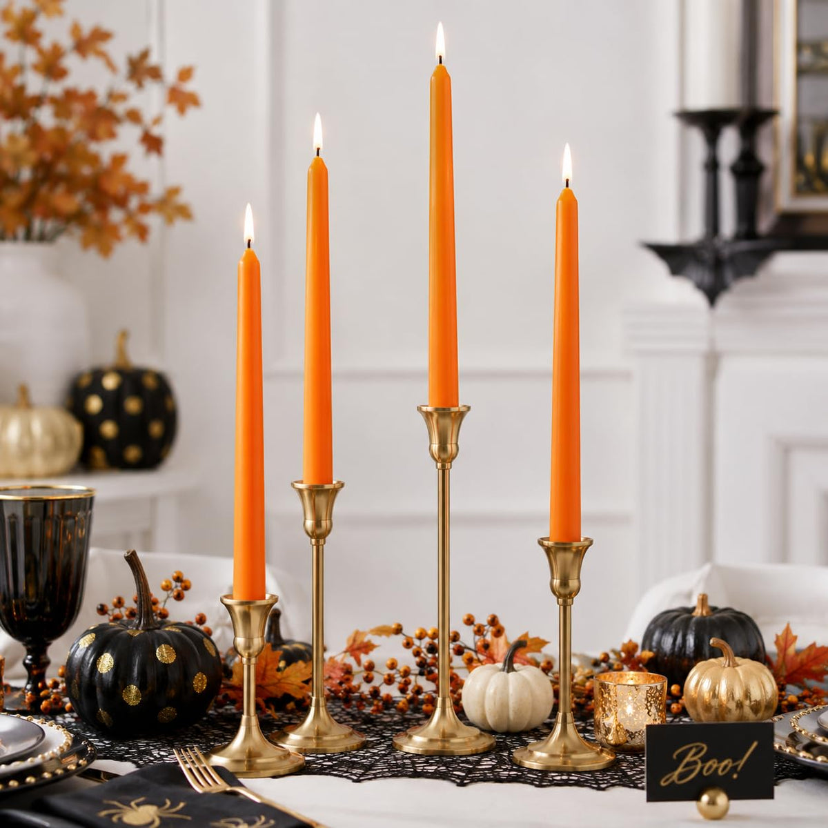 Pumpkin Orange Taper Candles Set of 4, 10 Inch Handmade Candle Stick, Unscented Candlesticks, Tapered Candles for Halloween Fall Table Decor Gift