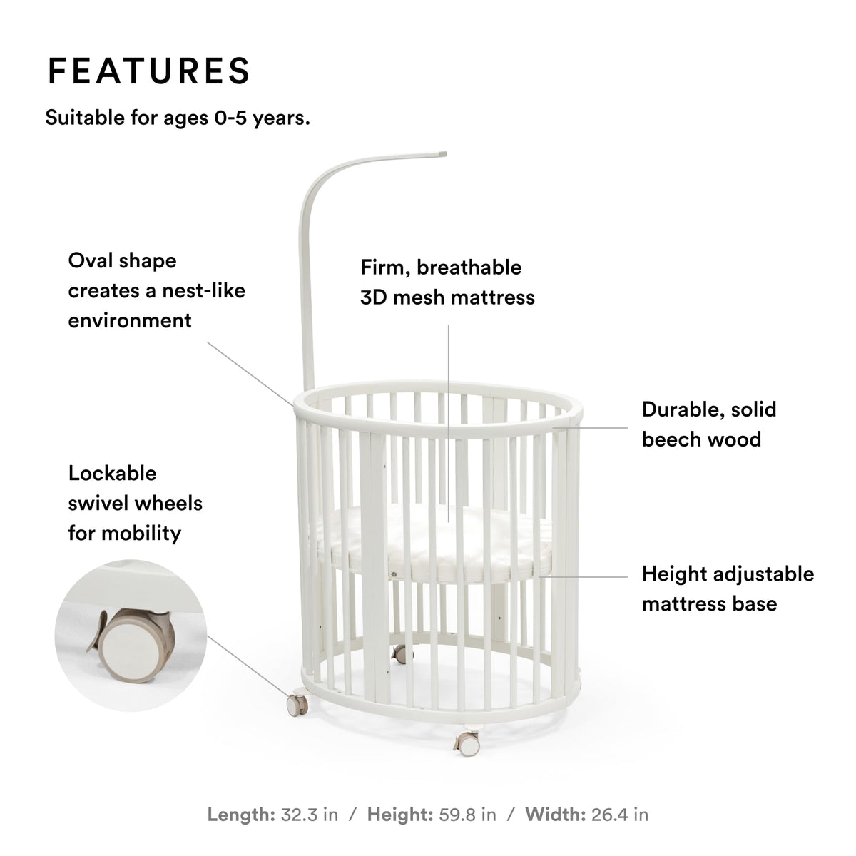Stokke Sleepi Mini Bundle V3, White - Includes Sleepi Mini V3, Mattress & Drape Rod - Suitable for Ages 0-6 Months - Adjustable & Stylish