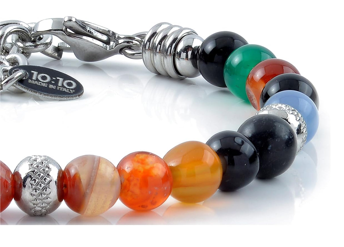 10:10 Beaded Bracelet for Men and Women – Natural Agate Multicolor Gemstones and Stainless Steel – Adjustable & Durable & Elegant – Made in Italy