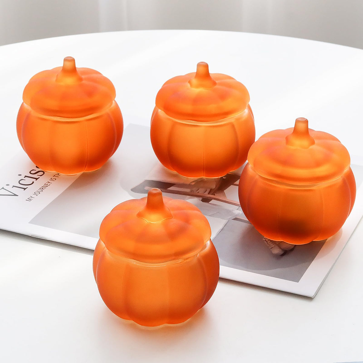 SYFURNIX Pumpkin Candle Jar for Making Candles, 4PCS Orange Glass Candle Jars with Lids, Small Candle Containers for DIY Candle Gifts Halloween Fall Thanksgiving Table Decorations