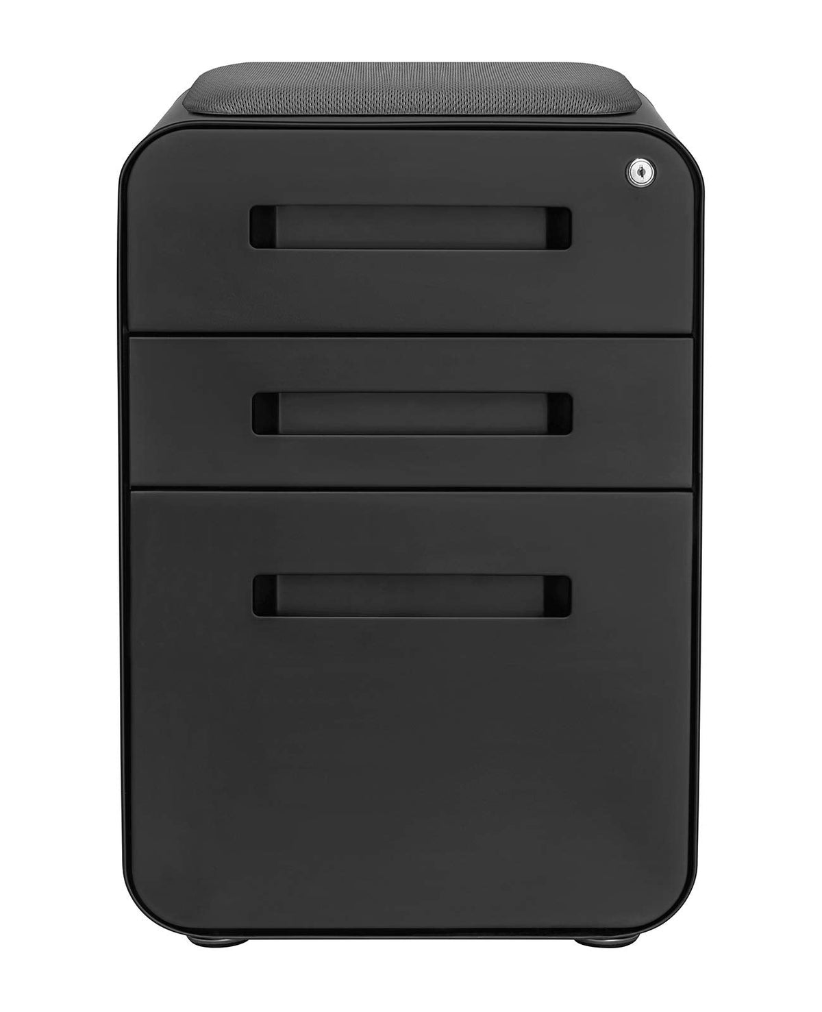 Laura Davidson Furniture STOCKPILE Curve Seated 3-Drawer Mobile File Cabinet with Removable Magnetic Cushion Seat - Metal Filing Cabinet, Pre-Assembled, Black with Dark Grey Cushion