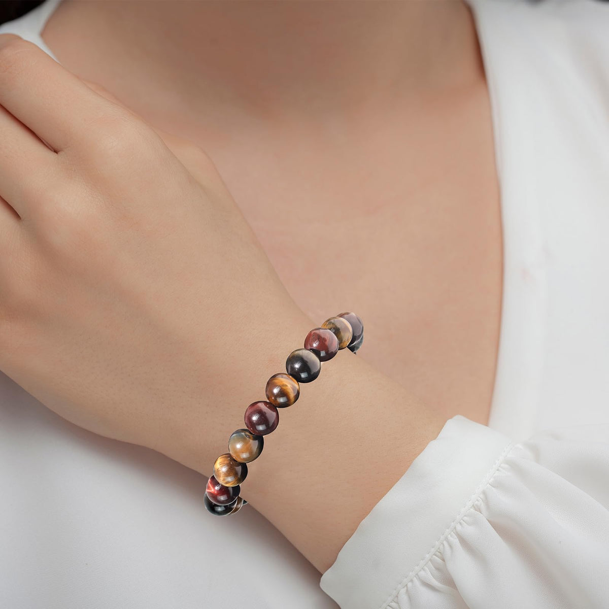 Tiger Eye Bracelets for Women Men, Triple Protection Chakra Beaded Bracelet, Relax Anxiety Healing Crystal Jewelry for Balance, Natural Gemstones Bracelets Gifts for Women Birthday (10MM)