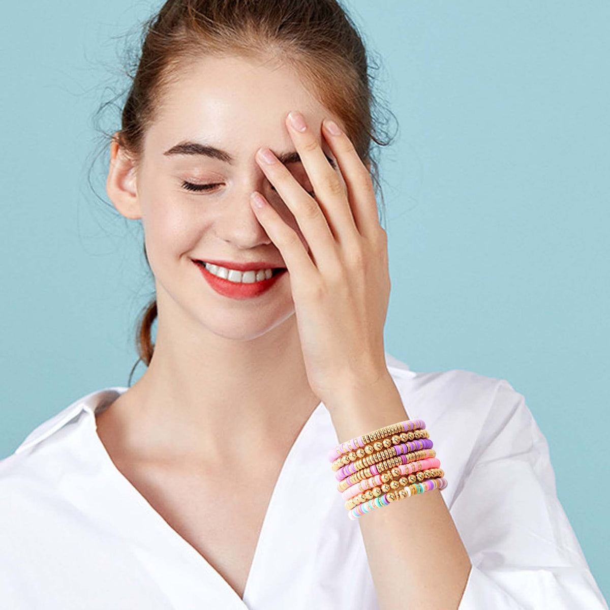 GOOJIDS Surfer Heishi Clay Bead Bracelets for Women Bohemian Stackable Gold Beaded Stretch Bracelets Elastic Layering Friendship Bracelets Set Boho Jewelry (G2-Purple&Pink 7pcs)