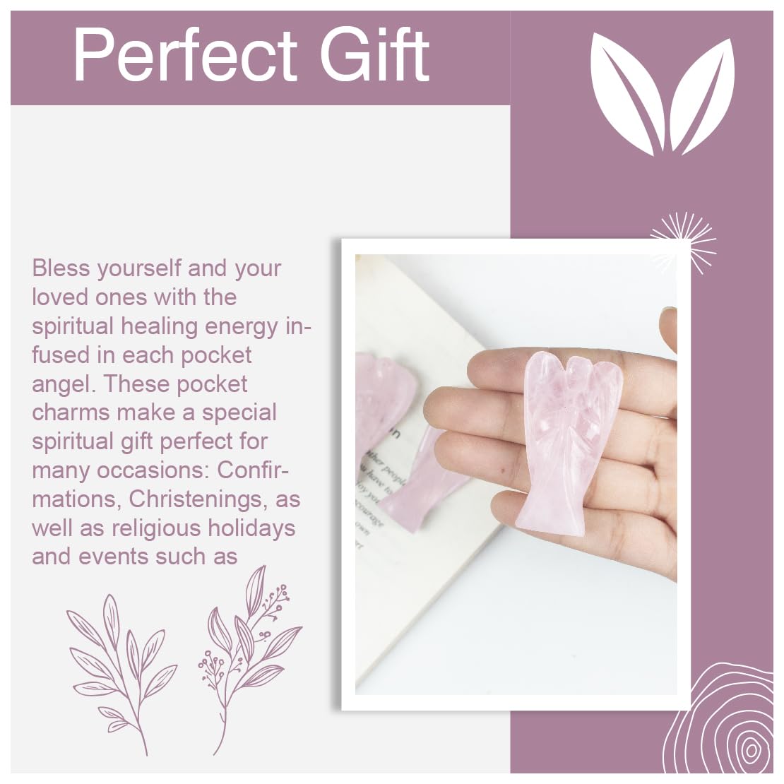 Crocon Rose Quartz Gemstone Guardian Angel Healing Figurine, Hand Carved Pocket Angel - Crystals for Positive Energy, Handmade Mini Statue for Love, Peace & Healing, Natural Gemstone Healing Figurine