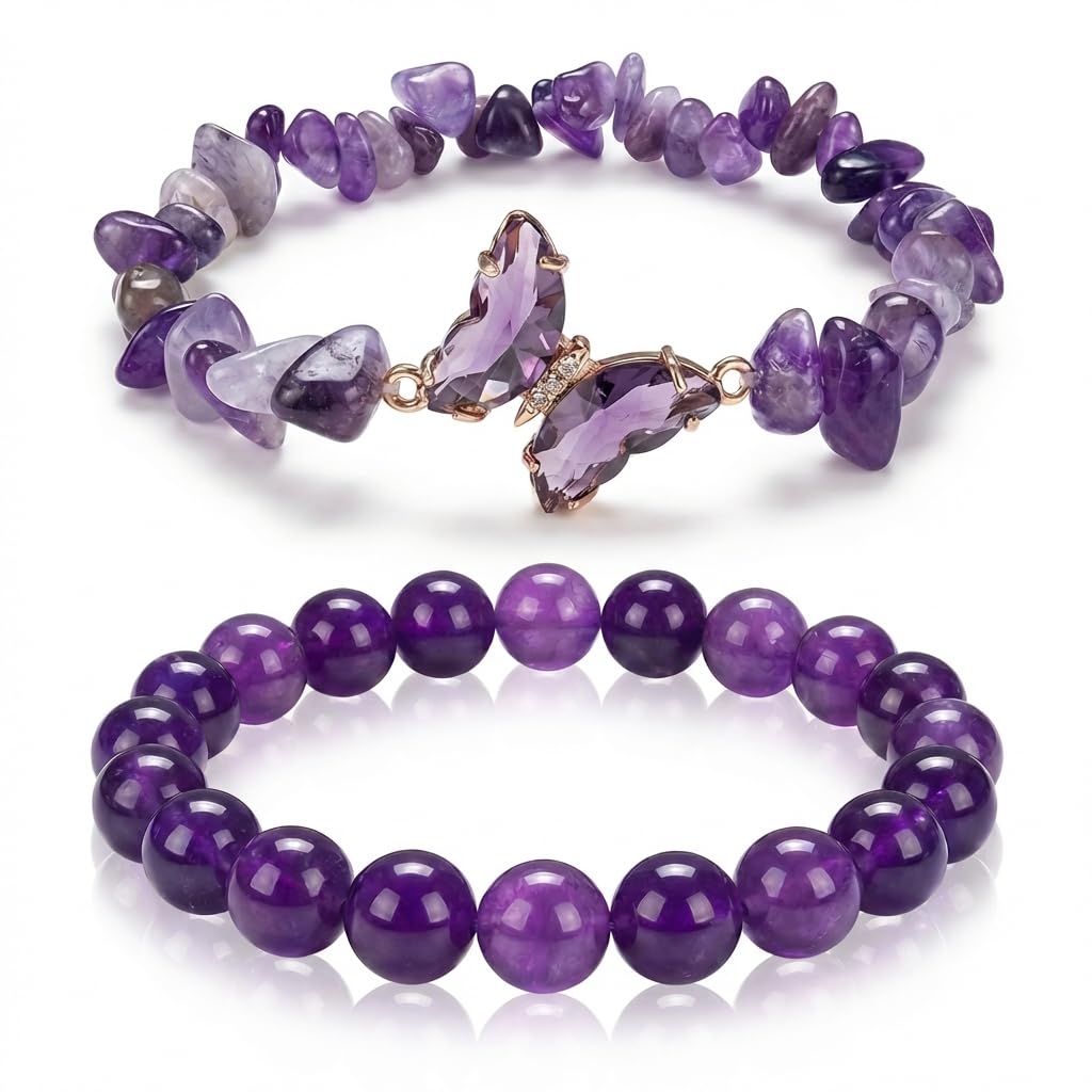 BELLA-Bee Natural Amethyst Healing Stone Bracelet Set for Women, Anxiety Relief Crystal Beaded Layered Bracelet with Butterfly Charm, Calming Spiritual Jewelry Gifts (Purple)