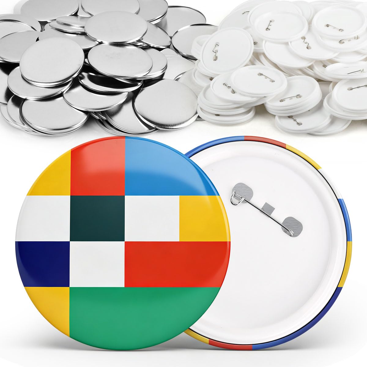 OTYMIOW 100 Sets 3 Inch Button Maker Supplies, 75mm Pin Maker Supplies, Round Badge Parts with Metal Covers, Plastic Pin Backs, Clear Film, Blank Paper, Perfect for Button Maker Machine, DIY Crafts