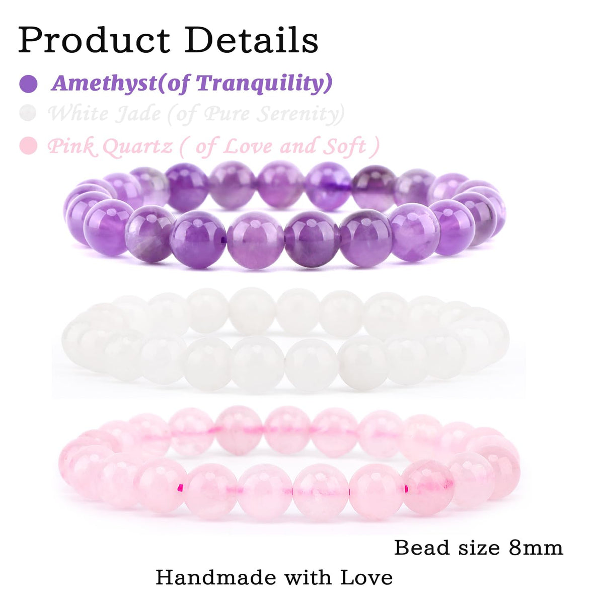 NCB 3-Piece 8mm Natural Crystal Gemstone Stretch Bracelets – ﻿Amethyst, Pink Quartz, White Jade Handmade Reiki Energy Healing Jewelry for Meditation,Yoga, Unisex