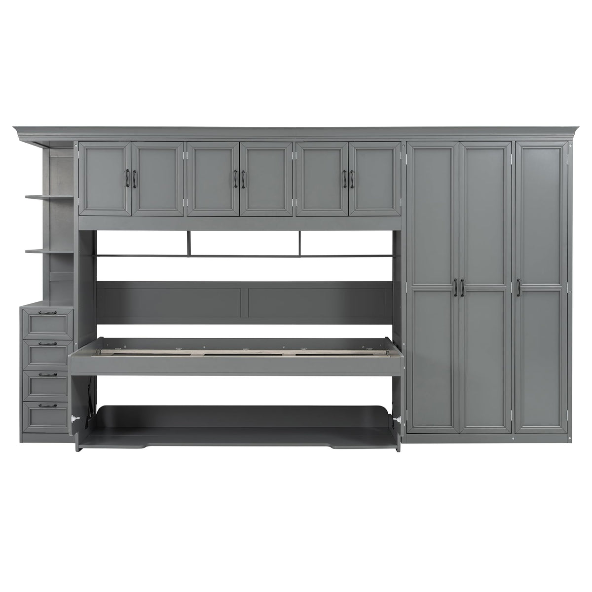 DNYN Murphy Bed with Top Cabinets and Wardrobe, Space-Saving Foldable Wall Bed Frame with Storage Drawers/Shelves/Desk for Bedroom Guest/Study Room, No Box Spring Needed