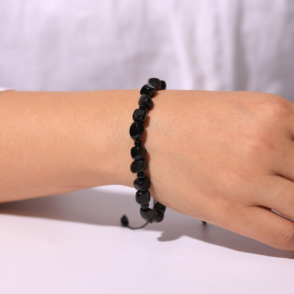 Xfoxstal Adjustable Handmade Irregular Reiki Semi Precious Stones Bracelets for Women Tumbled Crystals Beaded Bracelets 6-7 Inches Unisex (Gold Obsidian)
