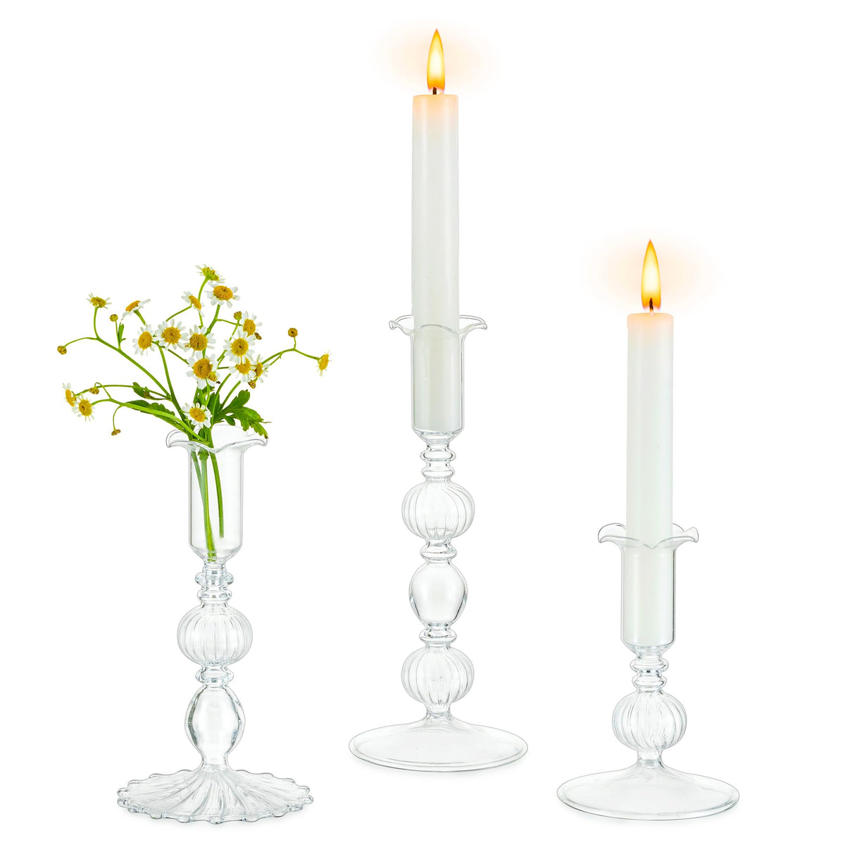 Glasseam Glass Tapered Candlestick Holders: Set of 3 Clear Candle Sticks Holder Decor with Bobeche Modern Ribbed Taper Candle Holders for Table Centerpiece Christmas Wedding Home Decorations