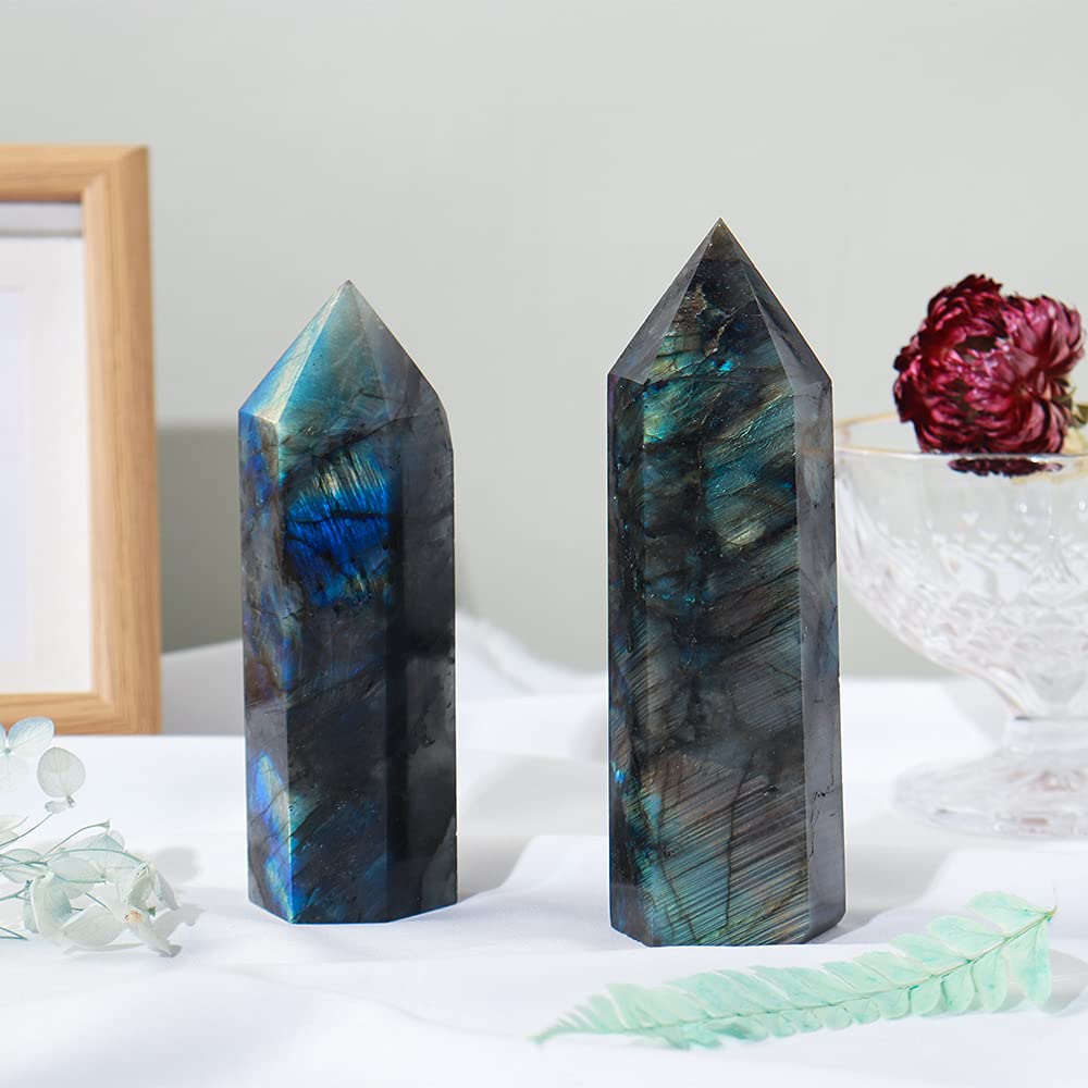 Runyangshi Large Labradorite Healing Crystal Wand 4.72"-5.12" Crystal Tower 6 Faceted Single Point Crystal Prism Wand Natural Quartz Stones for Meditation Reiki Chakra Therapy Home Decor Gift