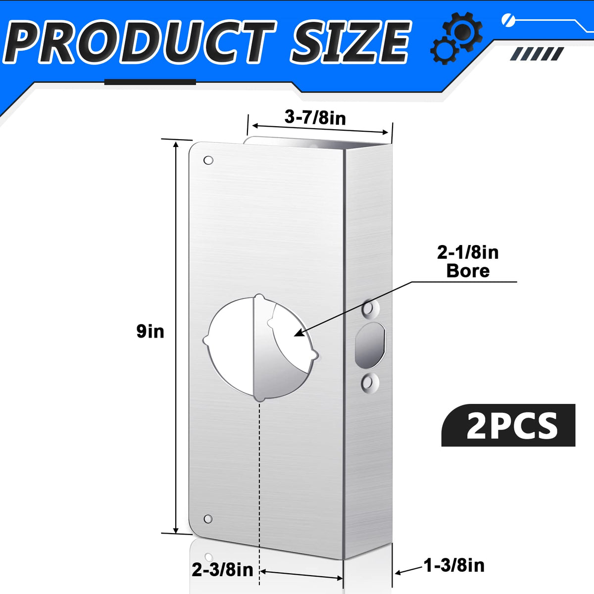 Dunzy 4 Pack 1-3/8 Inch x 9 Inch Door Reinforcement Plate 2-1/8" Thick Stainless Steel Lock and Door Reinforcer Security to Repair Home Wood Metal Knob/Lock/Latch/Deadbolt, Silver
