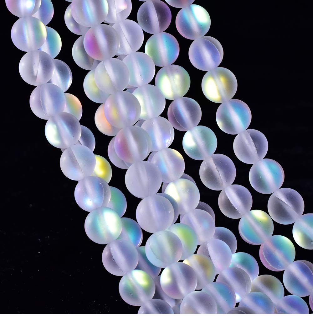 Asingeloo 38PCS 10mm Natural Mystic Aura Quartz Gemstone Frosted Matte Titanium White Rainbow Round Loose Beads 15 inch Full Strand