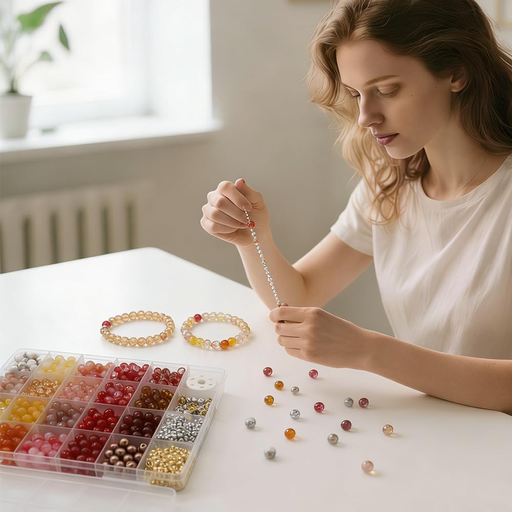 DIPSEOI 8mm Glass Beads for Bracelet Kit - 900 Pcs Jewelry Making Kits Bead DIY with Spacer Charms (Brown Red Orange Yellow Series)