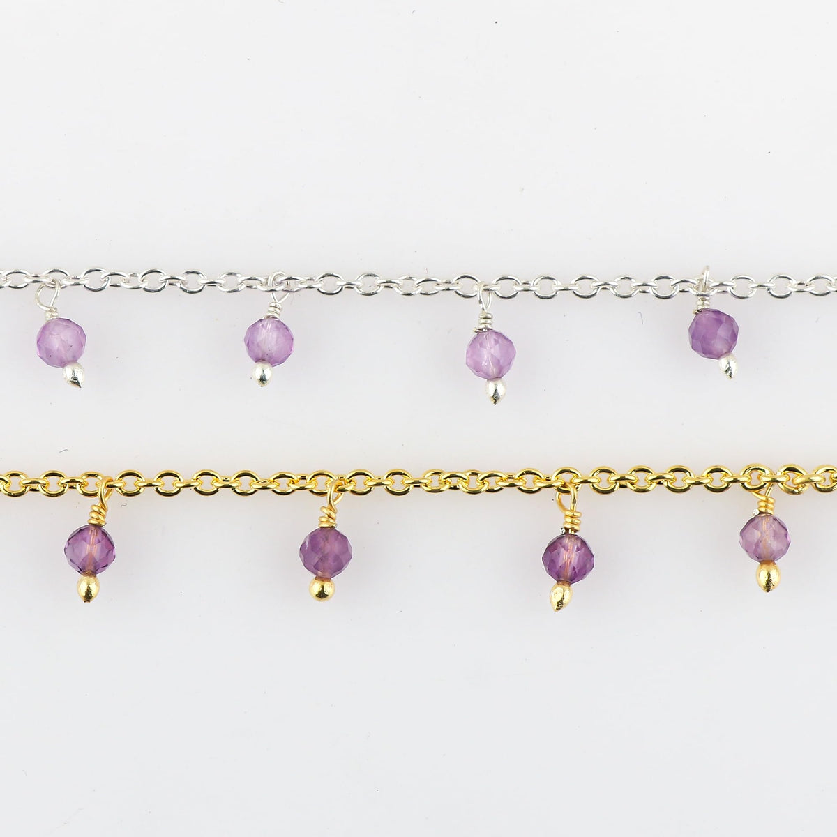 JOR Natural Amethyst Beaded Rosary Anklet, Handmade Craft, Anklet Beads Bracelet, Chakra Healing, Gemstone Women Jewelry, Dainty Gold and Silver Plated Combo Anklet 9 inch + 1.5 inch (2pcs)