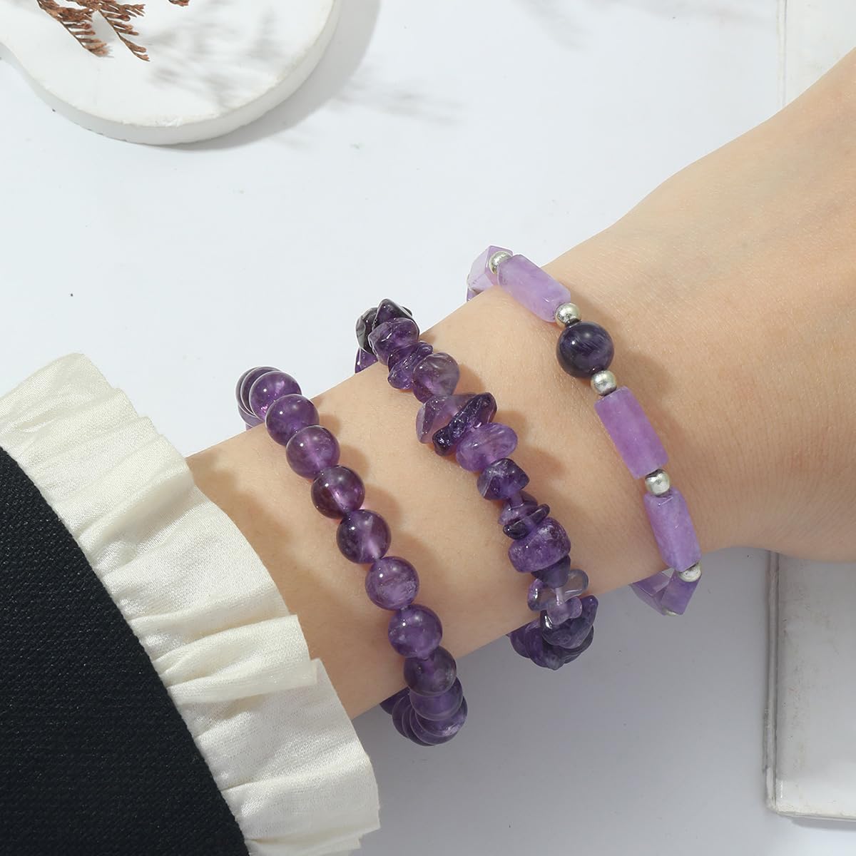 3PCs Amethyst Bracelet for Women 8mm Crystal Beaded Bracelet Purple Bead Bracelet Stretch Bracelet Amethyst Jewelry Gifts for Women