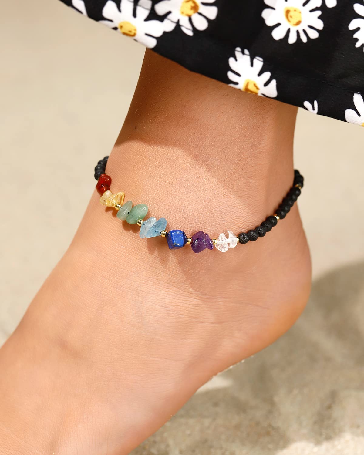 Jewever 7 Chakra Chip Tumbled Real Stone Beaded Anklet Bracelet for Women Power Energy Healing Crsyatls and Gemstones Beach Foot Adjustable (Lava Stone)