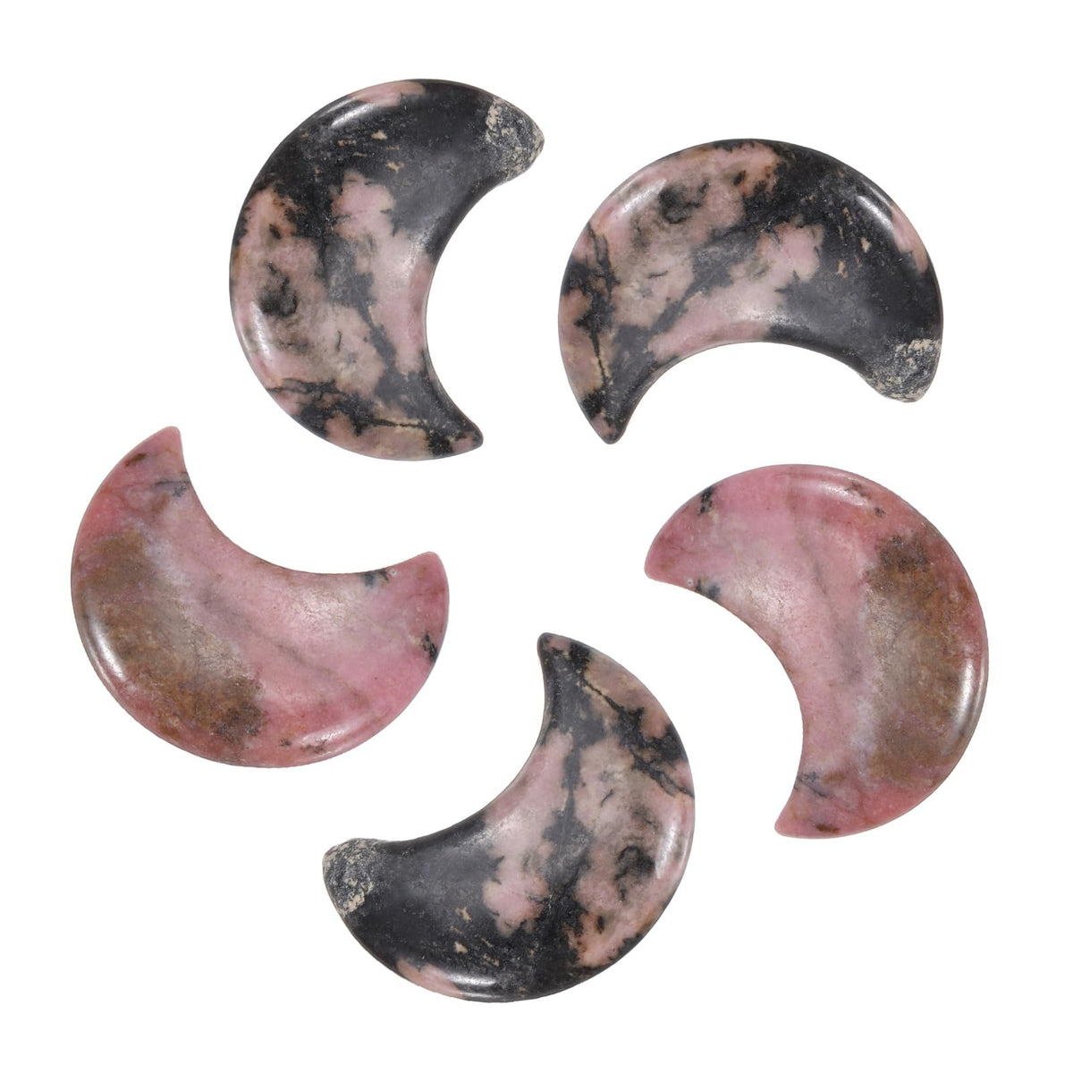 MECCANIXITY 5 Pcs Moon Crystal Worry Stone, 1.2 Inch Length Natural Rhodonite Moon Gemstone Bulk, Carved Pocket Stones for Meditation Balancing Pendant Decor