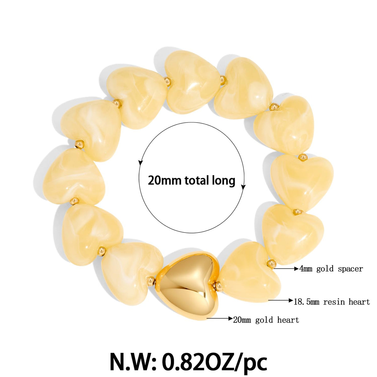 FAUTHENTICUTE Chunky White Beaded Bracelet for Women Heart-shaped Acrylic Resin Bead Bracelet With A Puffy Gold Heart Cute Boho Stretch Bracelets For Summer/Holiday/Vacation