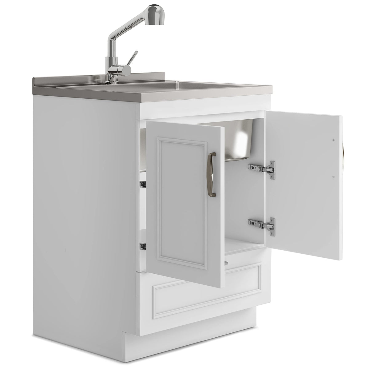 SIMPLIHOME Cardinal All-in-One 28 inch Wide Utility Sink and Laundry Cabinet in Pure White Finish, Transitional Stainless Steel Sink Cabinet for Laundry Rooms with Pull-Out Brushed Nickel Faucet