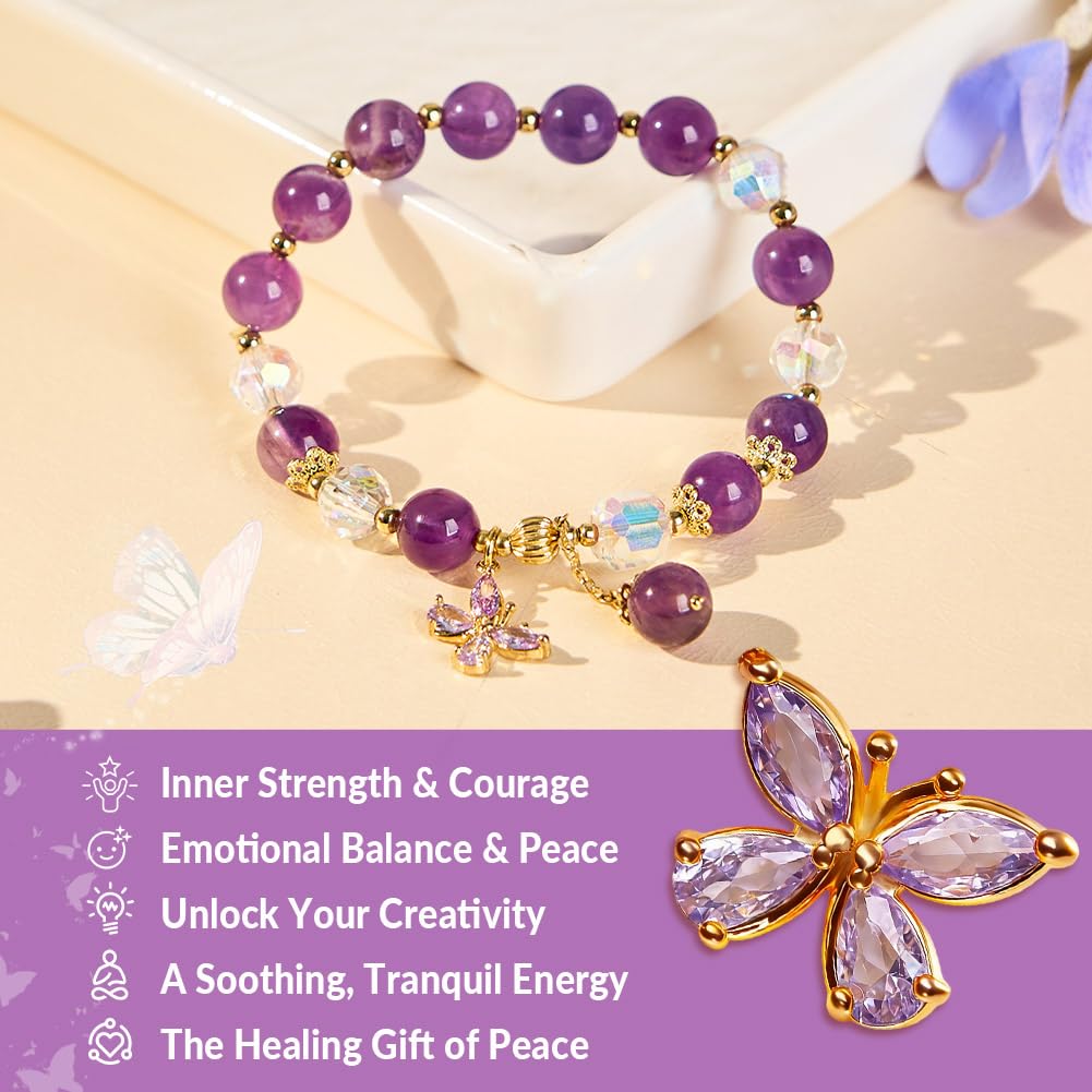 Buddha Stones Amethyst & Butterfly Charm Elastic Bracelet for Women, Handmade Stretch Anxiety Amethyst Crystal Beaded Bracelet, Natural Gemstone Bracelet Jewelry Gift For Mother's Day, Includes Gift Box -8MM