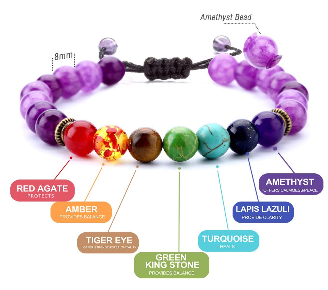 GelConnie Bead Chakra Bracelet 7 Chakras Healing Crystals Bracelet Natural Amethyst Braided Rope Bracelets Energy Balance Yoga Stone Bracelets Meditation Relax Anxiety Bangle for Women, Men
