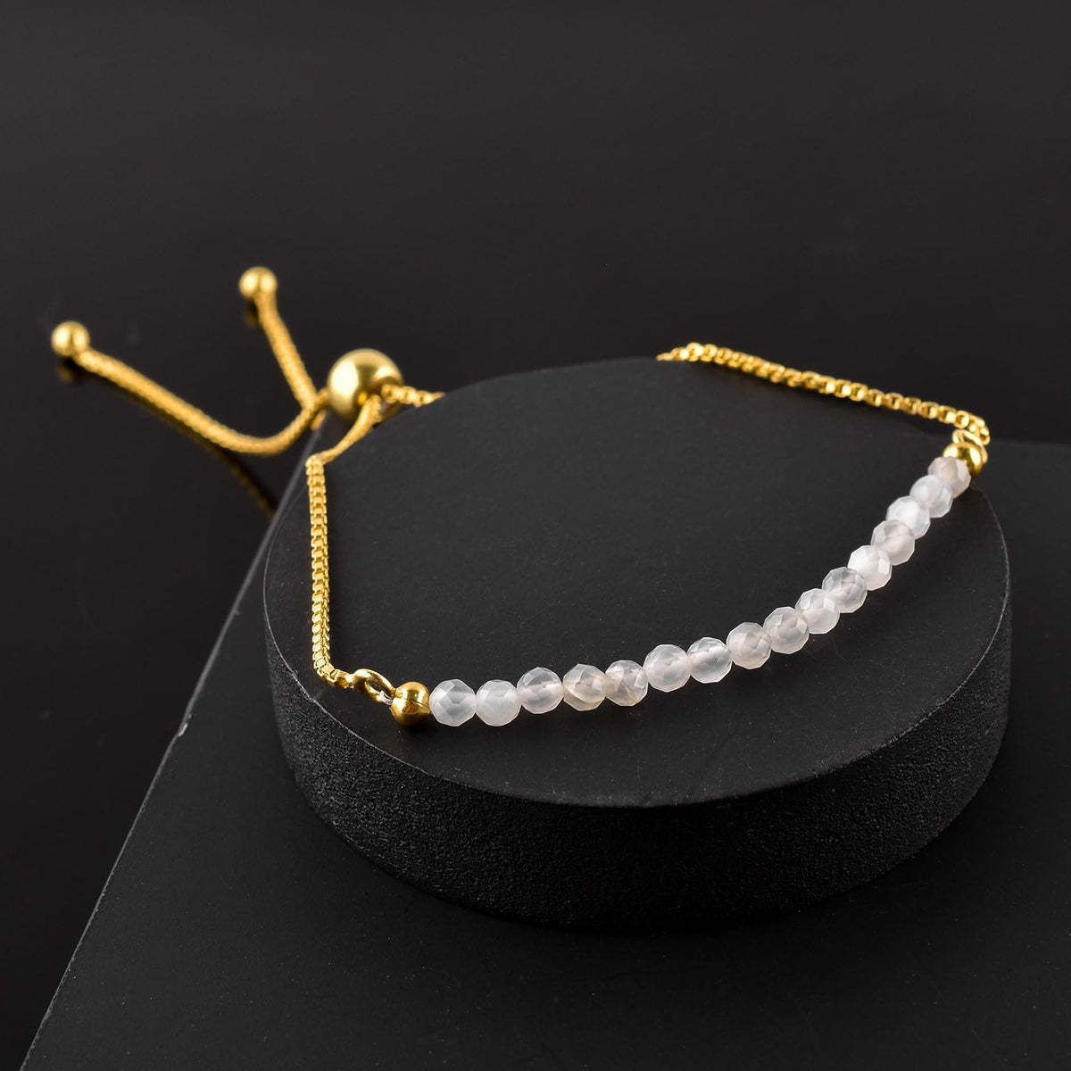 QNAVIC Natural Moonstone Gemstone Micro Beaded Dainty Slider Bolo Bracelet, Handmade Jewelry for women, Healing Chakra Crystals Birthstone Gift for Her, 14K Gold Plated Chain 6-9 inch